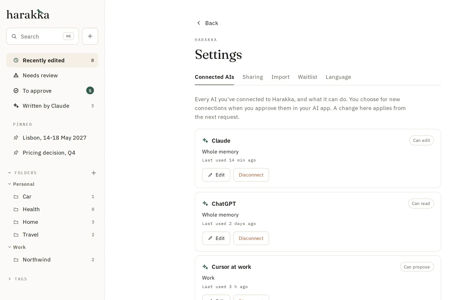 Settings in Harakka: three connected AIs, each with its own permissions