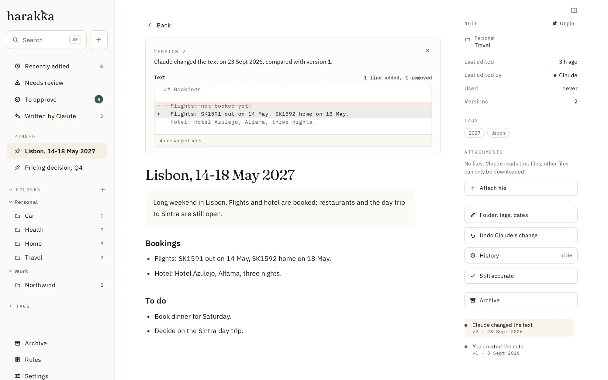 A note's history with Claude's change shown line by line