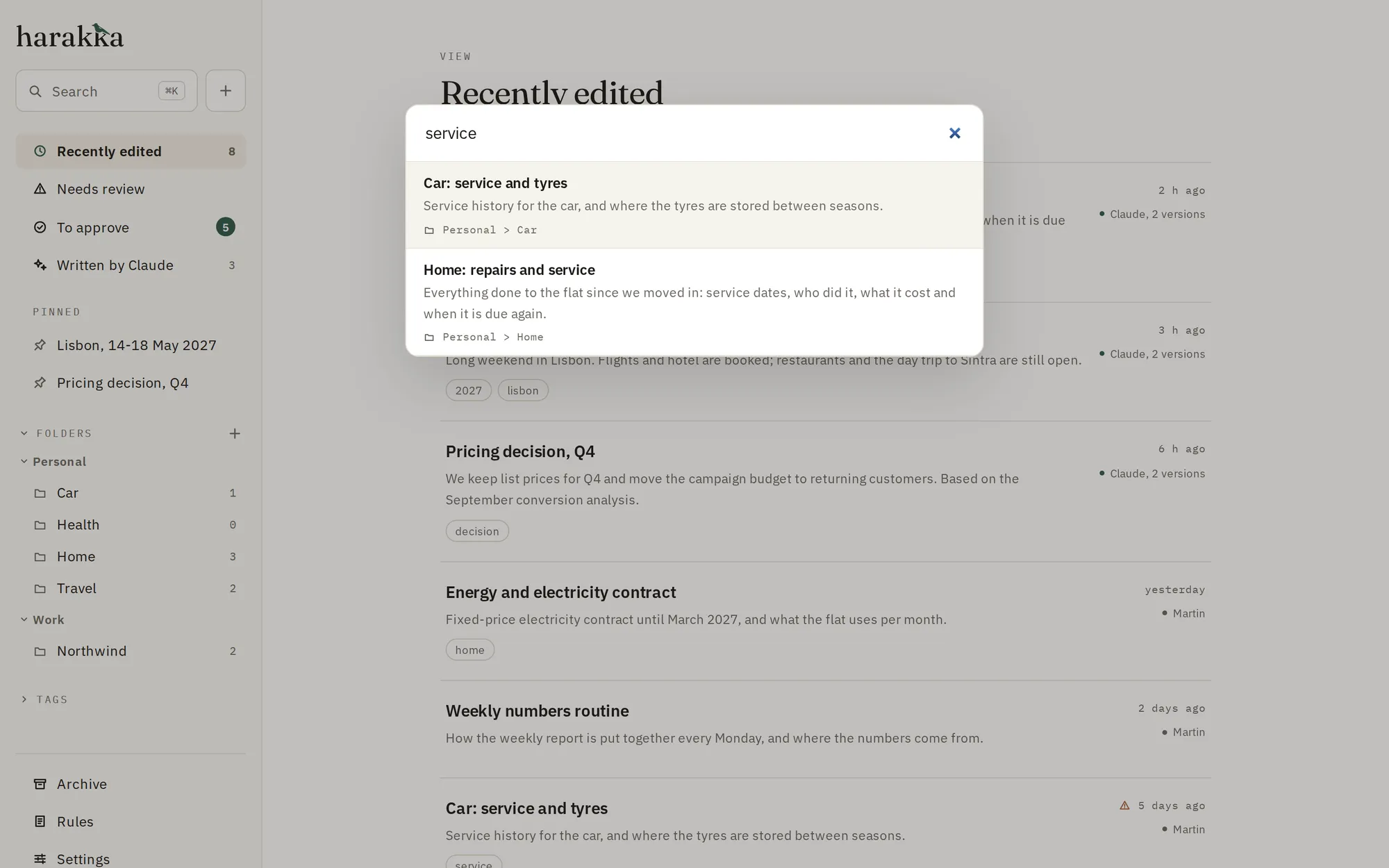The search palette open over the note list, with two matching notes