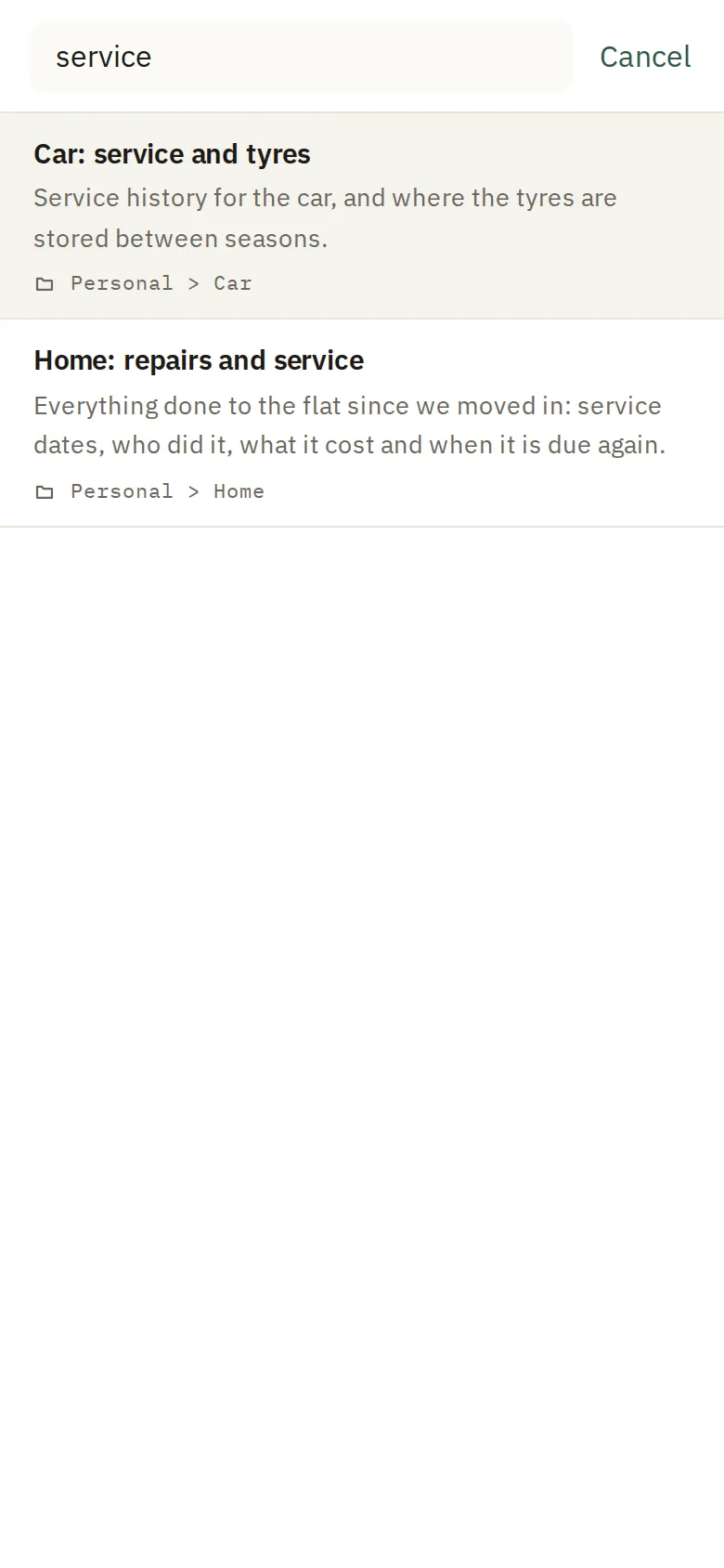 Search on the phone, with two matching notes