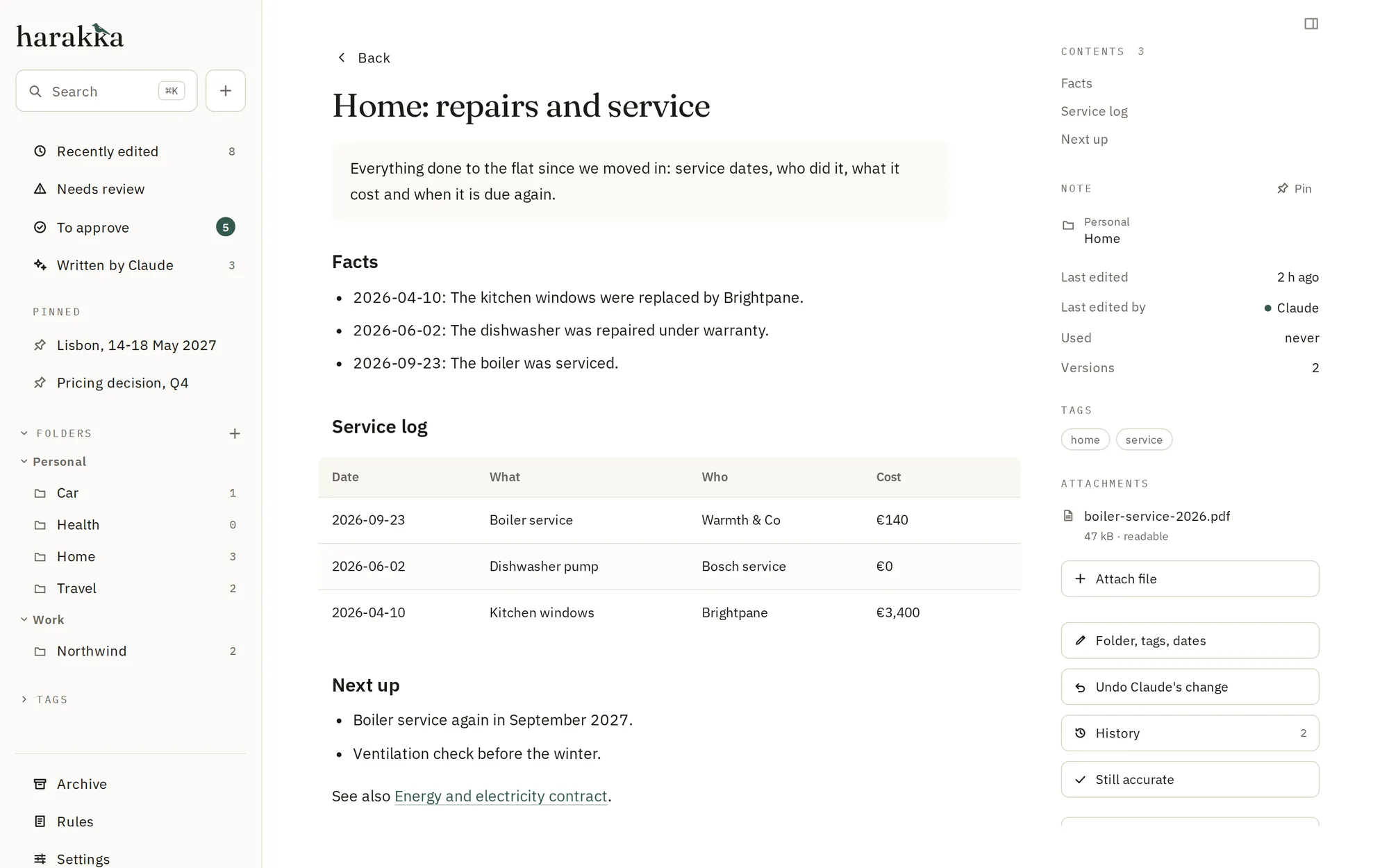 A note with facts, a service log table, tags and a link to another note